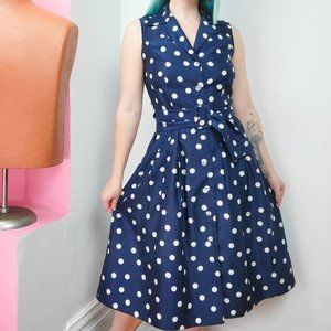 Vintage 90s Does 50s Retro Style Navy & White Polkadot Sleeveless Dress